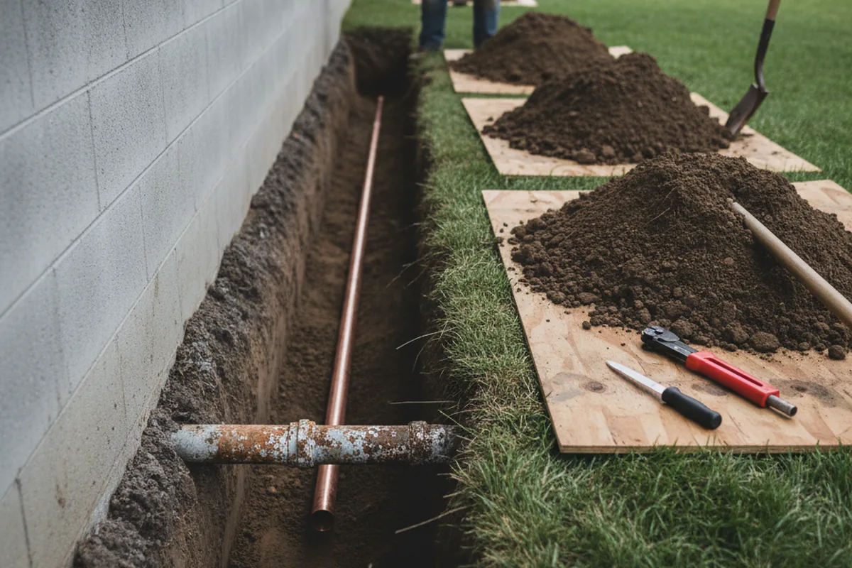 Excavated water line trench during Water Heater Repair in Harpers Ferry